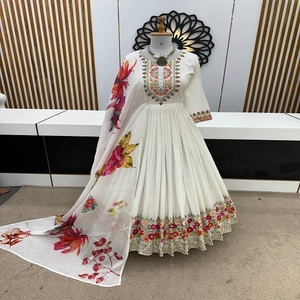 El último vestido Anarkali de trabajo de secuencia de bordado de Chinon pesado de diseñador por FabZone - Product Image 1