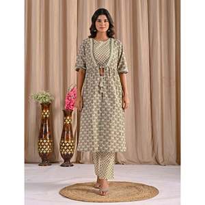 ชุดเซ็ตเสื้อคลุมไหล่ผ้าฝ้ายพิมพ์ลายสีเทา พร้อมกางเกงขาสั้น 2 ชิ้น สำหรับใส่ทุกวัน ไซส์ XS ตกแต่งด้วยลูกไม้ แขนสามส่วน เหมาะสำหรับฤดูร้อน - Product Image 3