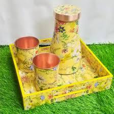 Bouteille d'eau en cuivre imprimée avec un autocollant en émail attrayant, avec verre et plateau, décoration multicolore, bouteille en cuivre pour la maison et le bureau - Product Image 4