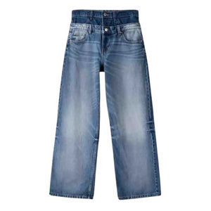Jeans double taille personnalisés de haute qualité pour femmes, lavage délavé, coupe droite, denim décontracté, collection 2026 - Product Image 1