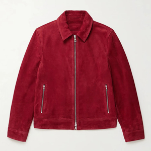 Veste en cuir suédé rouge bordeaux pour homme, sur mesure, avec double fermeture éclair et poches latérales, style streetwear - Product Image 2