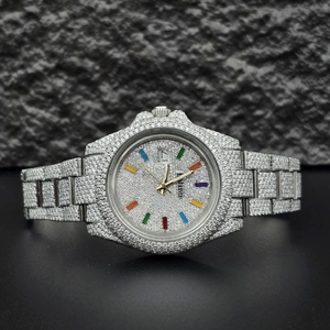 Montre mécanique de haute couture avec diamants, détails de l'heure arc-en-ciel, bracelet en acier inoxydable pavé, boîtier serti de pierres de luxe, étanche à 10 bars - Product Image 5