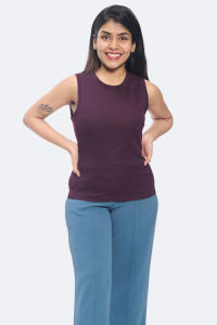 Camiseta sin mangas acanalada de nueva tendencia para mujer, mezcla de poliéster de Color vino, cuello redondo, punto elástico, personalizable de alta calidad - Product Image 2