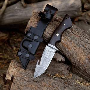 Cuchillo de Caza de Hoja Fija de Acero de Damasco para Supervivencia al Aire Libre, Hecho a Mano, Venta al por Mayor, con Mango de Madera, Personalizado OEM con Funda - Product Image 5