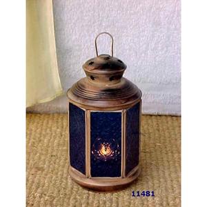 Antique Metal & Blue <b>Glass</b> Tealight Lantern for Home Decoration - Product Image 1
