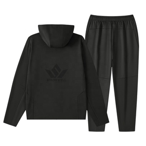 Men's <b>Black</b> Hooded Tracksuit Set Full Zip Hoodie and <b>Jogger</b> Pants Printed Cotton Breathable Lightweight Casual Summer Wear - Product Image 2