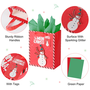 Classic Christmas Snowman Recyclable Paperboard Gift Bags with <b>Flat</b> Handles Glitter Coated for Holiday Exhibition Presents - Product Image 2