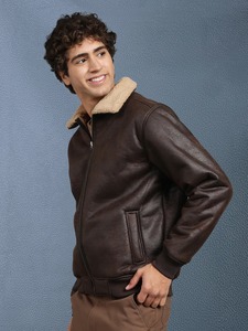 Veste bomber à capuche en cuir véritable marron pour homme, style vintage, vêtement d'extérieur décontracté, doublure en polaire zippée, chaud pour l'hiver - Product Image 6