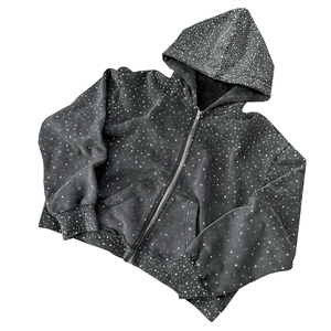 Fabricante personalizado Rhinestone Boxy Cropped Men Diamond 420gsm Heavyweight Acid Wash Zip up Hoodie - Product Image 1