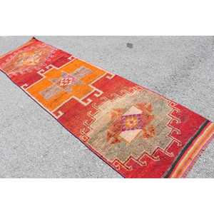 Tapis turc vintage 3x11,1 pieds, tapis en laine Herki rouge ombré - Product Image 4