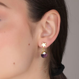 Boucles d'oreilles pendantes en forme de cœur plaquées or 18 carats faites à la main avec pierre d'améthyste, bijoux élégants et tendance pour mariage féminin - Product Image 6