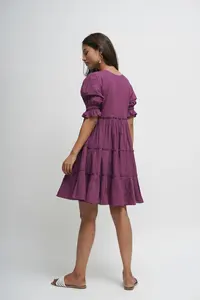 Hot Selling 100% Cotton Fabric <b>Maxi</b> <b>Dress</b> <b>Purple</b> Bohemian Casual Summer Elastic Short <b>Dress</b> with V-Neckline Plus Size <b>Dress</b> - Product Image 4