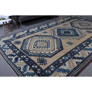 Alfombra Turca, Alfombra Vintage Extra Grande de 7.2x12.6 pies, Alfombra de Lana Ikat Azul - Product Image 1