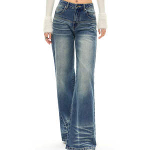Jeans Holgados de Mujer de Cintura Alta con Múltiples Bolsillos, Lavado Desgastado, Transpirables, de Pierna Ancha y Corte Recto - Product Image 1