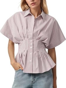 Camisa plisada con botones a rayas para mujer, blusa informal de verano de manga corta con peplum 2025 - Product Image 2