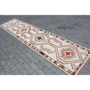 Alfombra Vintage, Alfombra Turca de 2.7x9.8 pies, Alfombra de Lana con Diseño Floral Marrón Rojizo - Product Image 2