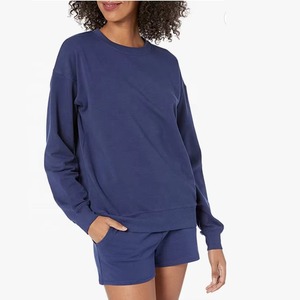 Spandex doux/Polyester femmes deux pièces sweat-shirt short ensemble surdimensionné pour porter coupe régulière décontracté confortable tenue solide genou - Product Image 5