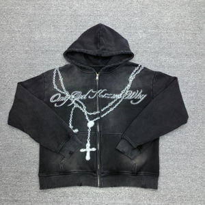 Custom Acid Washed 100% Cotton <b>Hoodie</b> for <b>Men</b> Oversized Zipper-up DTG Printed Design Rhinestone Embellishment Solid Pattern - Product Image 2