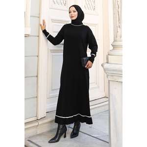 Vestido Maxi de Punto Negro 6150 con Detalles de Piedras - Casual, Elegante y Moderno para Club, Noche, Invitadas de Boda, Citas, Largo hasta el Suelo, Tejido No Tejido - Product Image 3