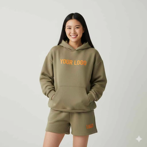 ชุดเซ็ตเสื้อฮู้ดดี้เหนือเข่าและกางเกงขาสั้นสำหรับผู้หญิง สไตล์ลำลองทันสมัย ผ้าแคนวาสนุ่ม ทรงปกติ แฟชั่นฤดูร้อน - Product Image 1