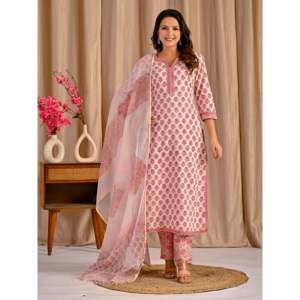 ชุดคุर्ตาผ้าฝ้ายพิมพ์ลายบัตต้าสีขาวชมพูแบบลำลอง แขนสามส่วน สำหรับฤดูใบไม้ผลิ/ฤดูร้อน - Product Image 4