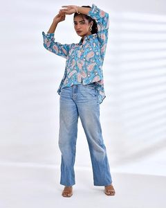 Jaipuri Designs Casual Crepe Silk Shirt Kurta Verano Azul Floral Paisley Print Manga completa Lavable Crepe Silk Cintura natural - Product Image 3