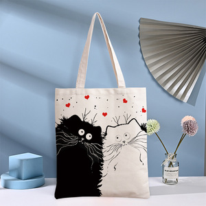 New Women's Canvas Tote <b>Bag</b> <b>Black</b> Cat Print <b>Large</b> Capacity Shoulder <b>Bag</b> for Beach and Shopping - Product Image 3