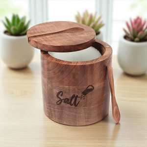 Boîte à sel en bois de qualité supérieure avec couvercle élégant, faite à la main, organisateur de condiments de cuisine, étanche, compatible lave-vaisselle, lavage à la main recommandé - Product Image 6