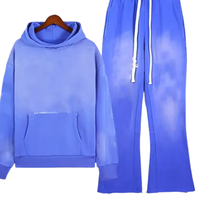 Ensemble de survêtement bleu délavé à l'acide pour homme, sweat-shirt polaire oversize et pantalon de jogging évasé, 100% coton, style streetwear