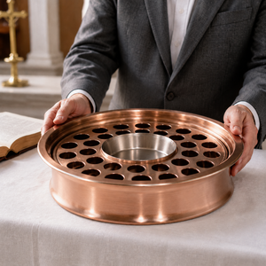 Plateau de service de communion en acier inoxydable finition cuivre, assiette de bénédiction ronde avec bol central pour usage religieux - Product Image 5