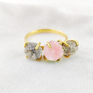 Anillo de Plata de Ley 925 con tres piedras preciosas Herkimer, joyería de oro rosa de cuarzo, ajuste de cristal - Product Image 1