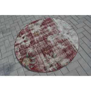 Alfombra Redonda Vintage de 3.9x4 pies, Alfombra Oriental Turca Roja y Verde de Lana con Diseño de Patchwork, Respaldo de Látex Ecológico - Product Image 2