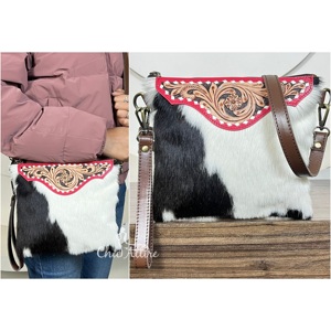 Sac bandoulière en cuir de vachette avec rabat floral travaillé à la main et bordure rose, style bohème, sacs à main pour femmes - Product Image 1