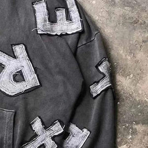 Sweat-shirt à capuche en coton brodé, surdimensionné, à épaules tombantes, lourd, pour hommes et femmes, style streetwear tendance - Product Image 3