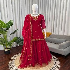 Ensemble de costume Sharara en faux georgette pour femmes avec dupatta, tenue de fête brodée - Product Image 1
