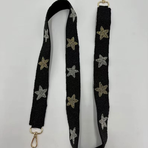 Sangle de guitare perlée - Sangle étoile perlée - Sangle de sac à main pour concert - Étoiles noires et dorées - Concert - Tournée - Jour de match - Product Image 1