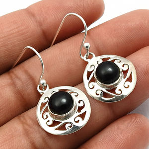 Delicado regalo de cumpleaños para ella, Plata de Ley 925, piedras preciosas de ónix negro Natural, pendientes colgantes de forma redonda, joyería hecha a mano India - Product Image 3