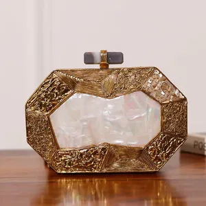 Luxury Brass Clutch Rhinestone Mother of Pearl Clutch Hand Bag Hot <b>Sale</b> Bahrain USA <b>Women</b> Clutch Bag Wedding and Party Handbag - Product Image 1
