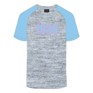 1938 Jack et Jill of America T-shirt à manches raglan gris bleu Chenille broderie noir et organisations professionnelles civiques - Product Image 2