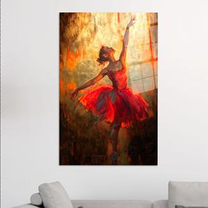 Cuadro en lienzo de bailarina ardiente: Bailarina con vestido rojo en luz dorada, arte en vidrio templado - Product Image 1