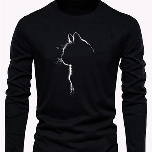 เสื้อยืดคอกลมแขนยาวสำหรับผู้ชาย, เสื้อกีฬาผ้าฝ้าย100% ใส่สบายพิมพ์ลายแมวพร้อมโลโก้ด้านหน้า - Product Image 1