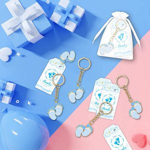 Porte-clés bleu avec empreintes de pieds, cadeaux avec sacs en organza blancs et étiquettes de remerciement, ensemble pour la fête de naissance de bébé garçon, décorations et fournitures - Product Image 1