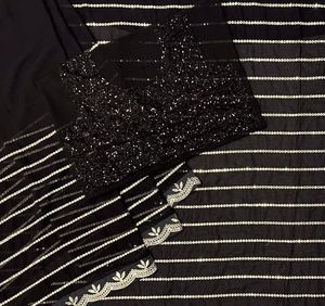 Sari en Georgette Noir pour Mariage, Dernier Modèle Traditionnel Exclusif, Designer Fantaisie, Vêtement de Fête, Blouse Ethnique, Designer Indien pour Femmes - Product Image 4