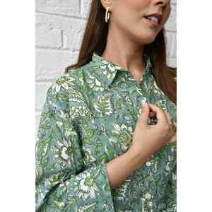 Camisa de Popelina de Algodón con Estampado Floral Verde y Blanco para Mujer, Informal, Manga 3/4, para Uso Diario en Primavera/Verano - Product Image 2