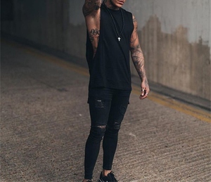 Camiseta sin mangas informal de gimnasio para hombre, camiseta sin mangas de punto negra transpirable de algodón 100% - Product Image 1