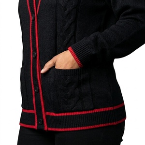 Cárdigan de manga larga de punto trenzado Delta S T Sorority, color negro sólido, con escudo bordado en rojo, cuello en V, suéter de punto con botones, transpirable. - Product Image 4