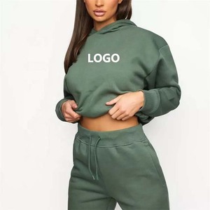 Chándal de invierno personalizado de alta calidad OEM para mujer, conjunto de 2 piezas, Top corto con capucha y pantalones de chándal, chándal en blanco para correr para mujer - Product Image 6