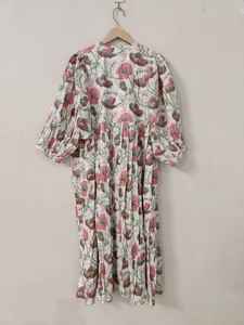 Robe d'été décontractée à manches longues et col en V, en coton imprimé floral, longueur au sol, fabriquée à la main, cadeau de vacances pour femmes - Product Image 6