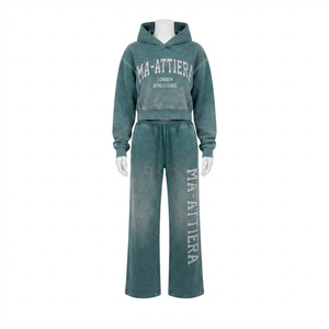 Custom <b>Women</b> Acid Wash Teal Green Cropped Hoodie Wide Leg <b>Jogger</b> Set Cotton Fleece Streetwear Tracksuit OEM Wholesale - Product Image 3