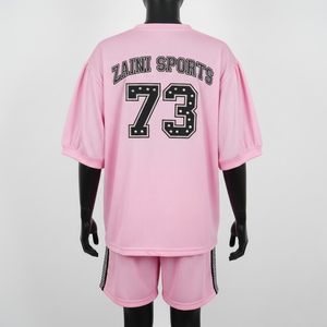 Ensemble court en jersey de maille respirante en polyester pour femmes, rose pâle, design de panneau latéral, logo personnalisé par transfert thermique, ensembles pour femmes - Product Image 2